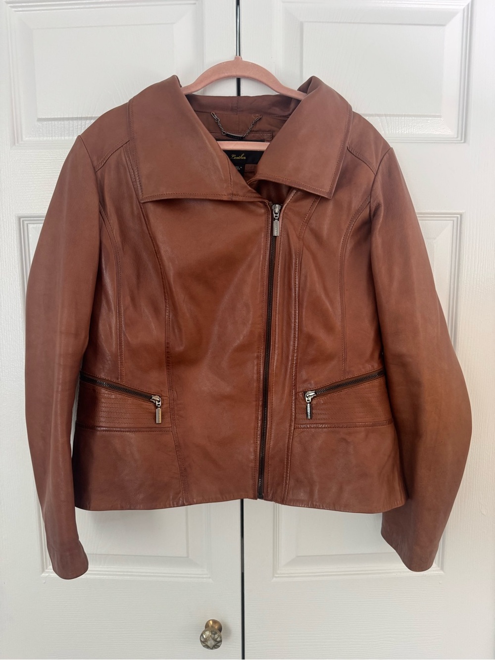 Leather Zip-Front Jacket in Chestnut Brown
